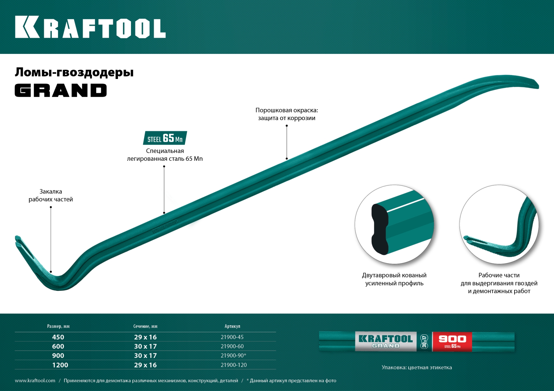 KRAFTOOL GRAND, 450 мм, 29 х 16 мм, двутавровый лом-гвоздодер (21900-45)