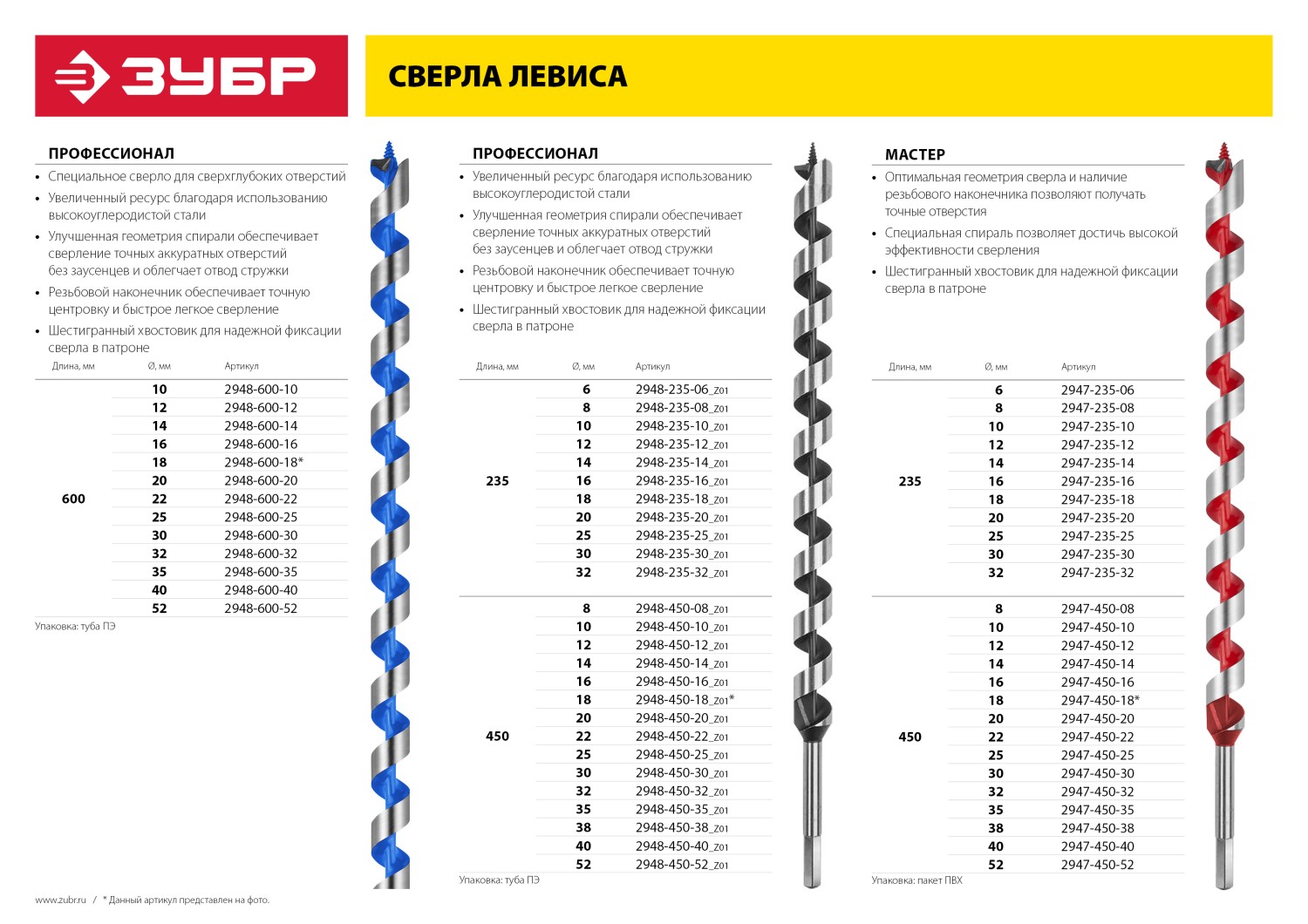 ЗУБР 52 x 600/400 мм, шестигранный хвостовик, cверло левиса по дереву (2948-600-52)