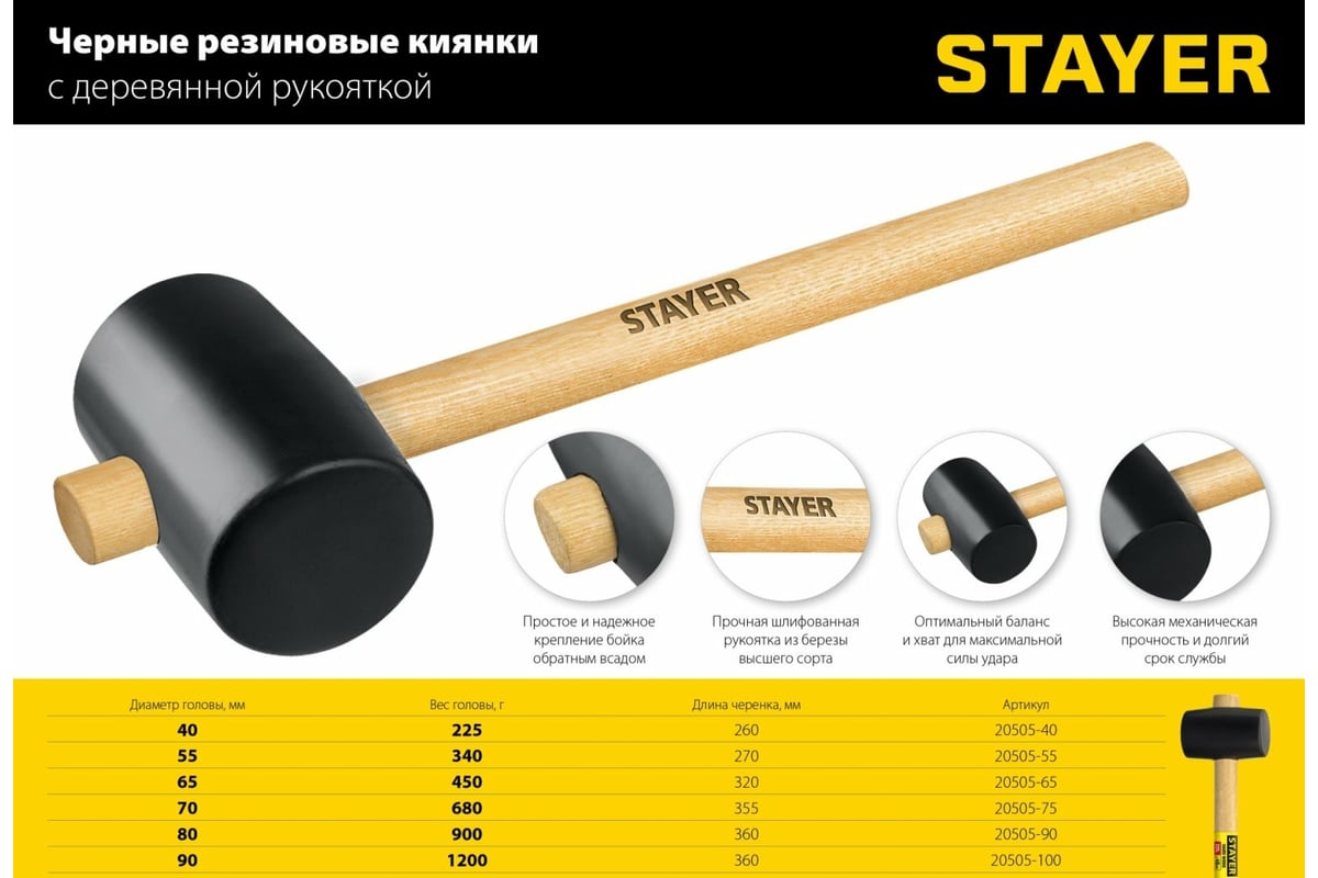 Киянка резиновая черная с деревянной ручкой 1100г STAYER STANDARD