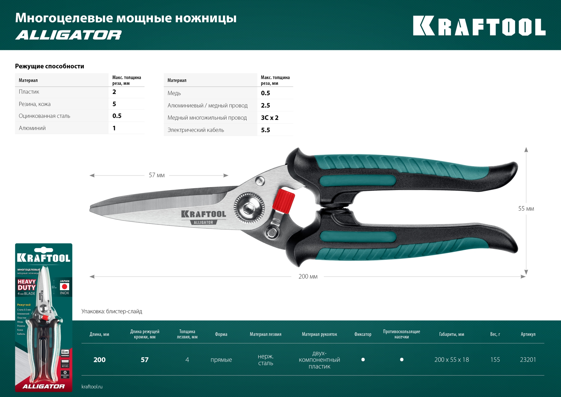 KRAFTOOL Alligator, 200 мм, многофункциональные прямые технические ножницы (23201)