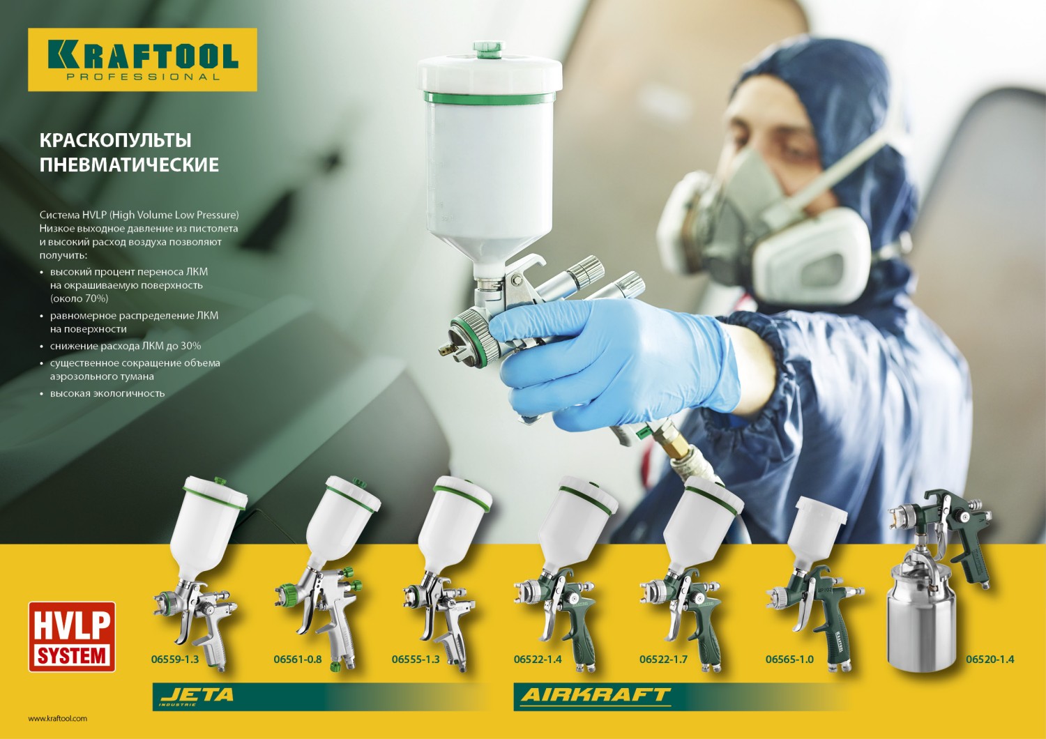 KRAFTOOL AirKraft, HVLP, 1.4 мм, пневматический краскопульт с верхним бачком (06522-1.4)