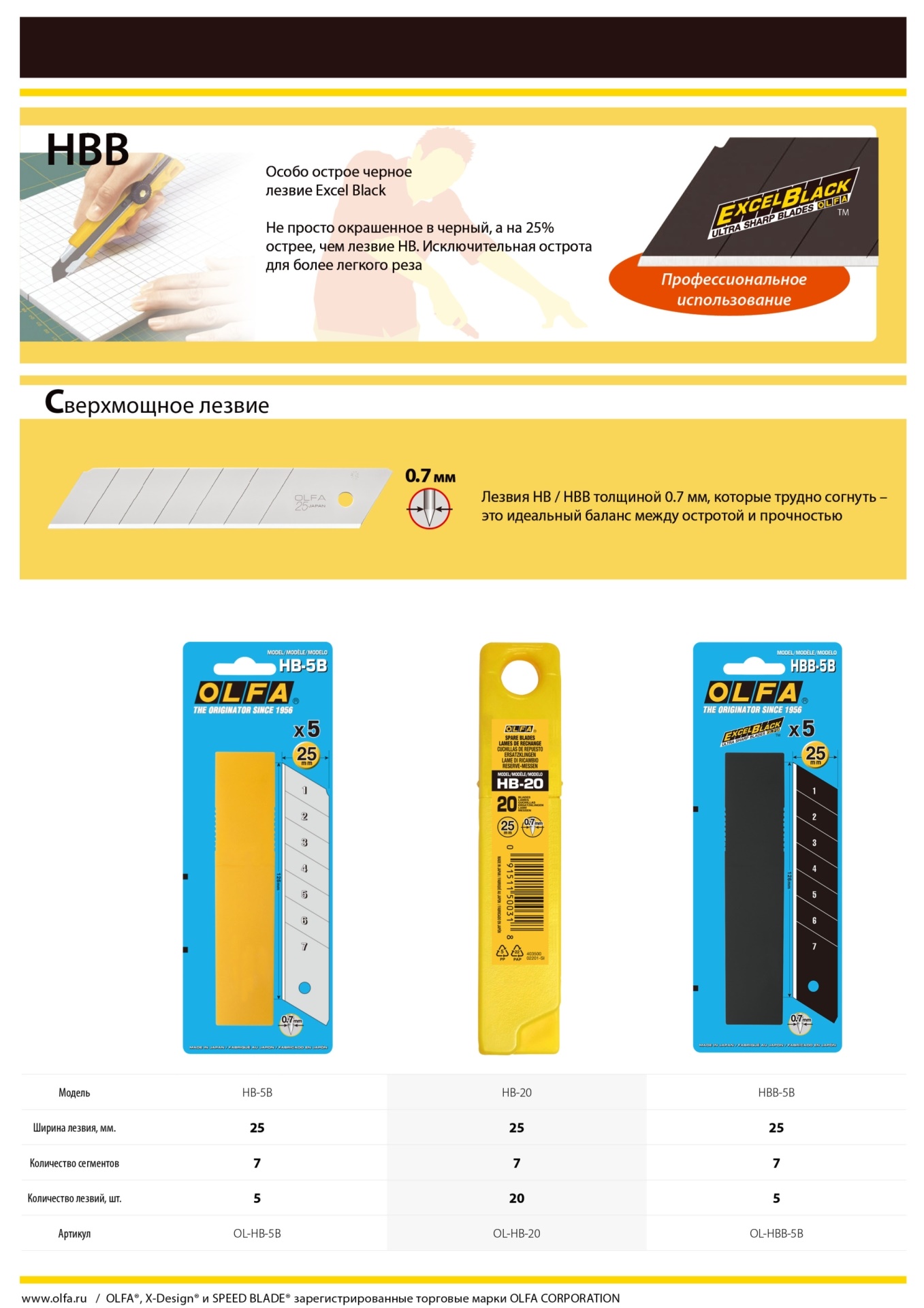 Лезвие OLFA ″EXCEL BLACK″ сегментированное, 20 шт, 25 мм в пластиковом кейсе