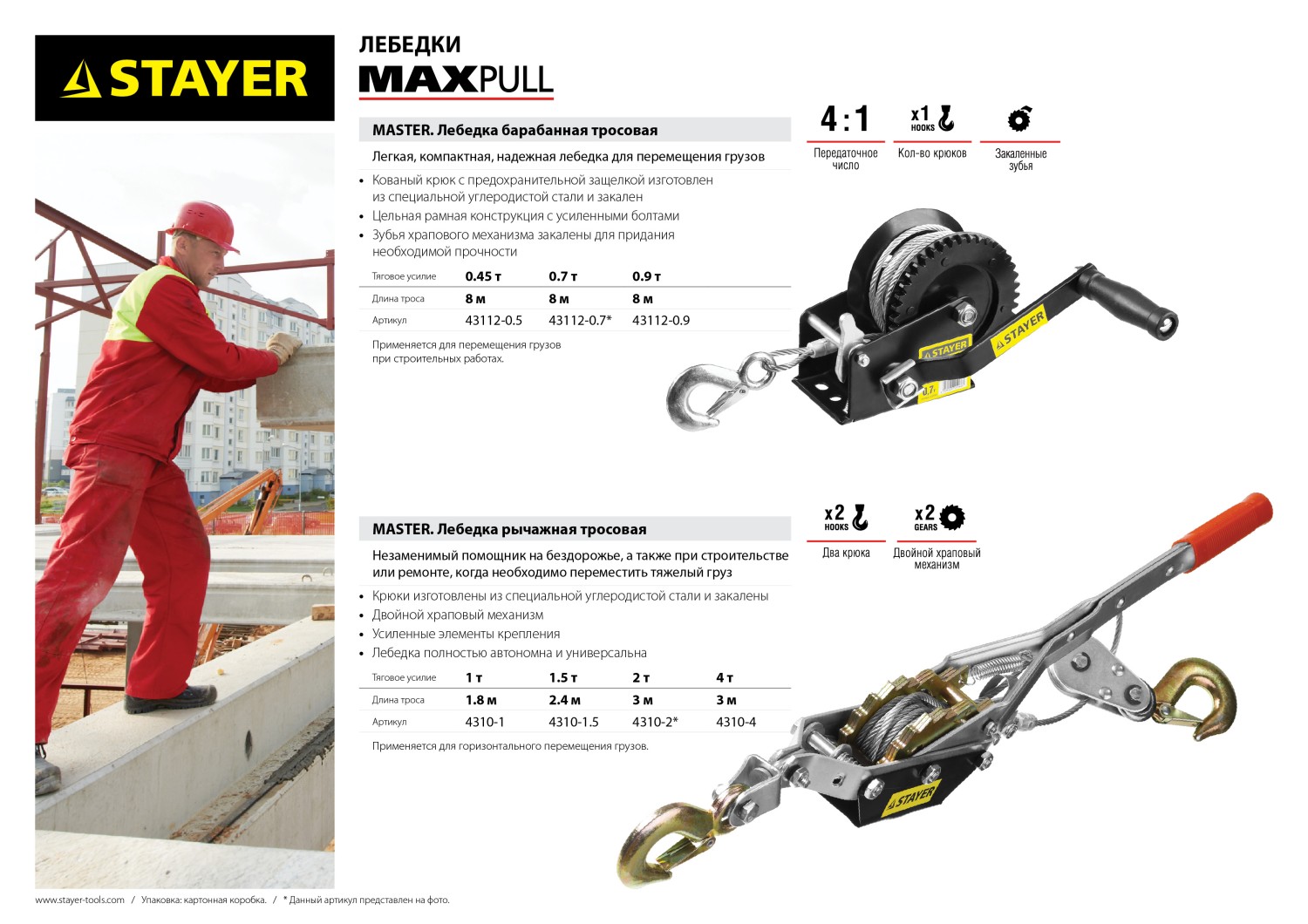 STAYER MAXPull, 1 т, 1.8 м, ручная рычажная лебедка (4310-1)