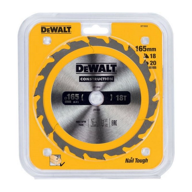 Диск пильный DeWalt твердосплавный 165х20 мм, 18 зубьев констракшн/CONSTRUCTION DT1933
