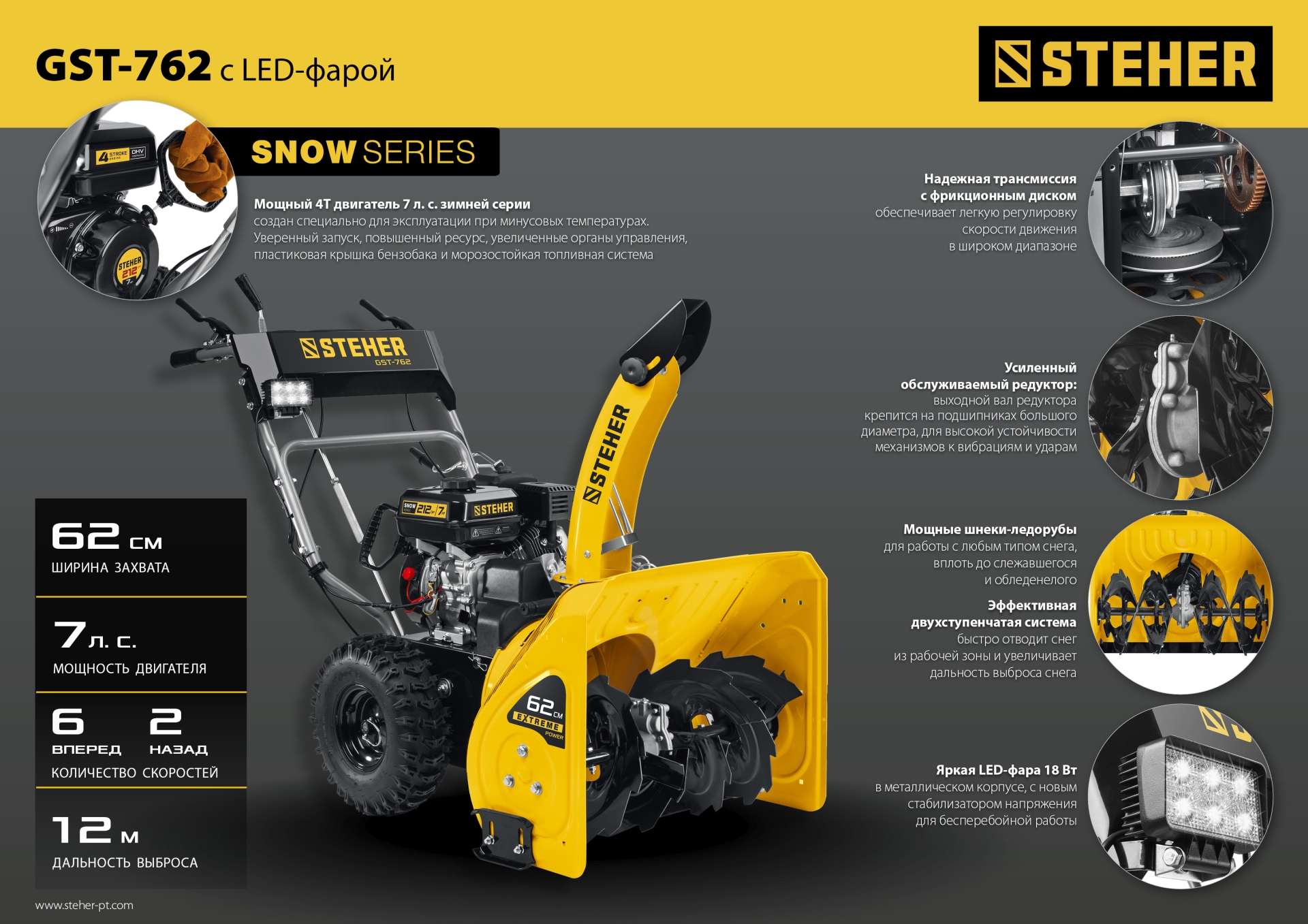 STEHER 62 см, 7 лс, самоходный бензиновый снегоуборщик, EXTREM (GST-762)