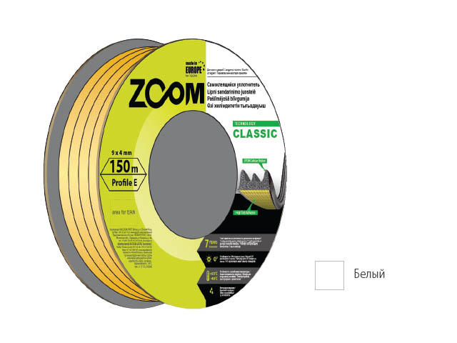 Уплотнитель "E" белый 9x4 мм сдвоенный профиль (2х75м) ZOOM CLASSIC (02-2-4-109)