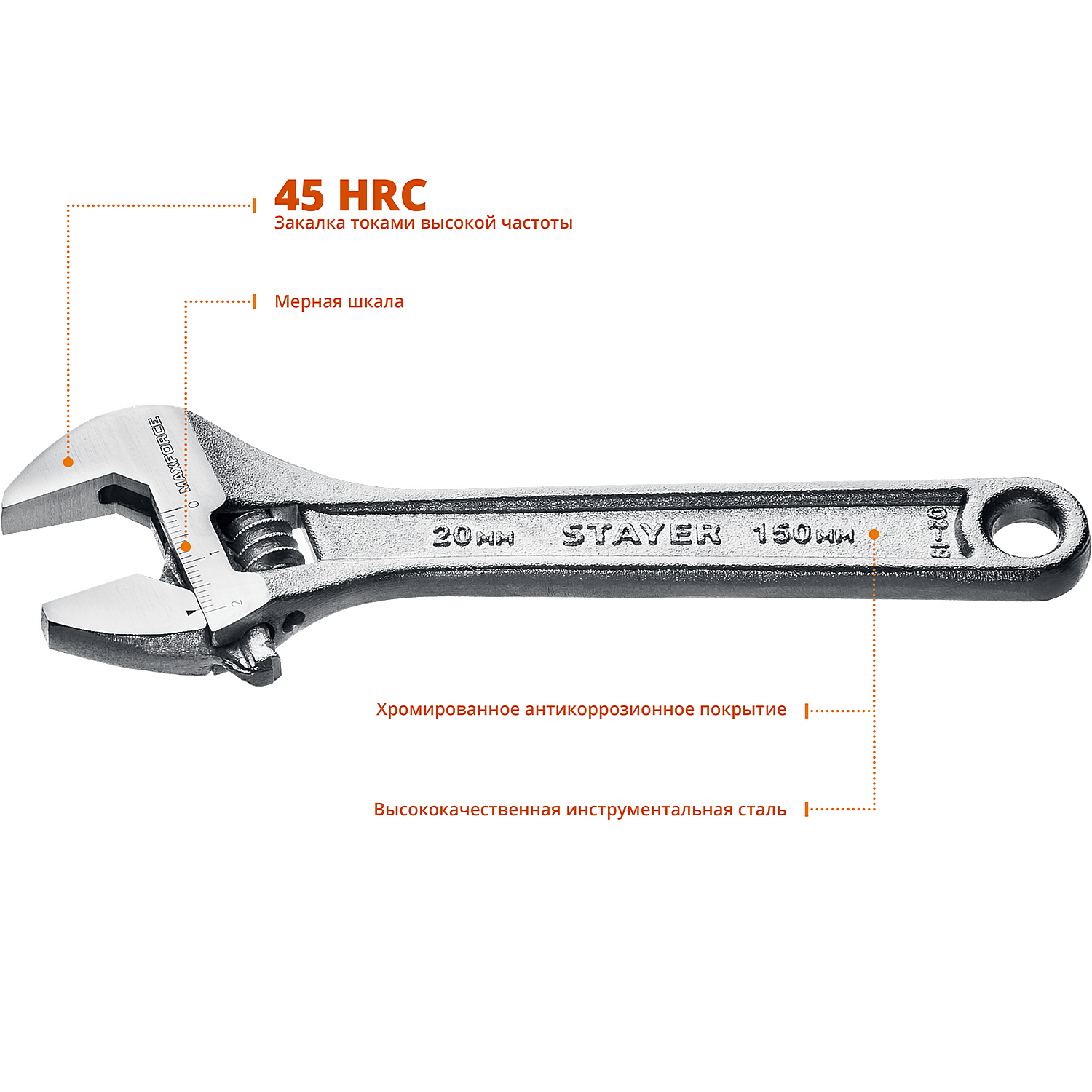 STAYER MAXFORCE, 150/20 мм, разводной ключ (2725-15)