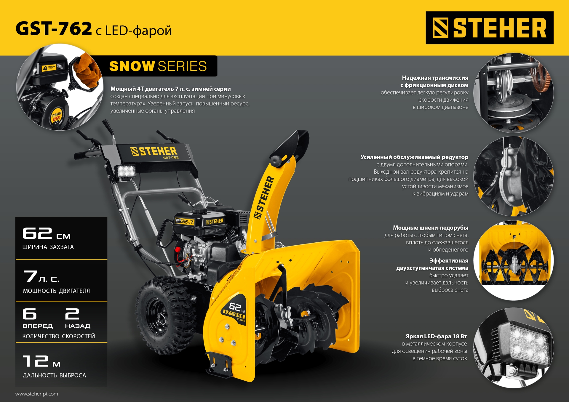 STEHER 62 см, 7 лс, самоходный бензиновый снегоуборщик, EXTREM (GST-762)