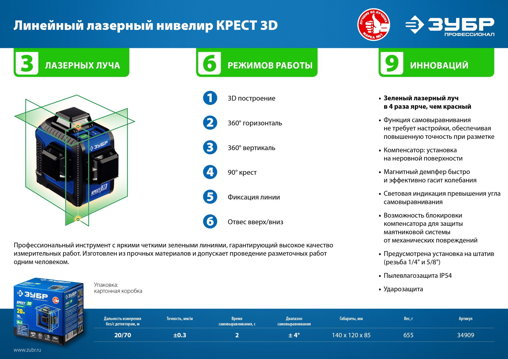 ЗУБР КРЕСТ 3D, лазерный нивелир, Профессионал (34909)