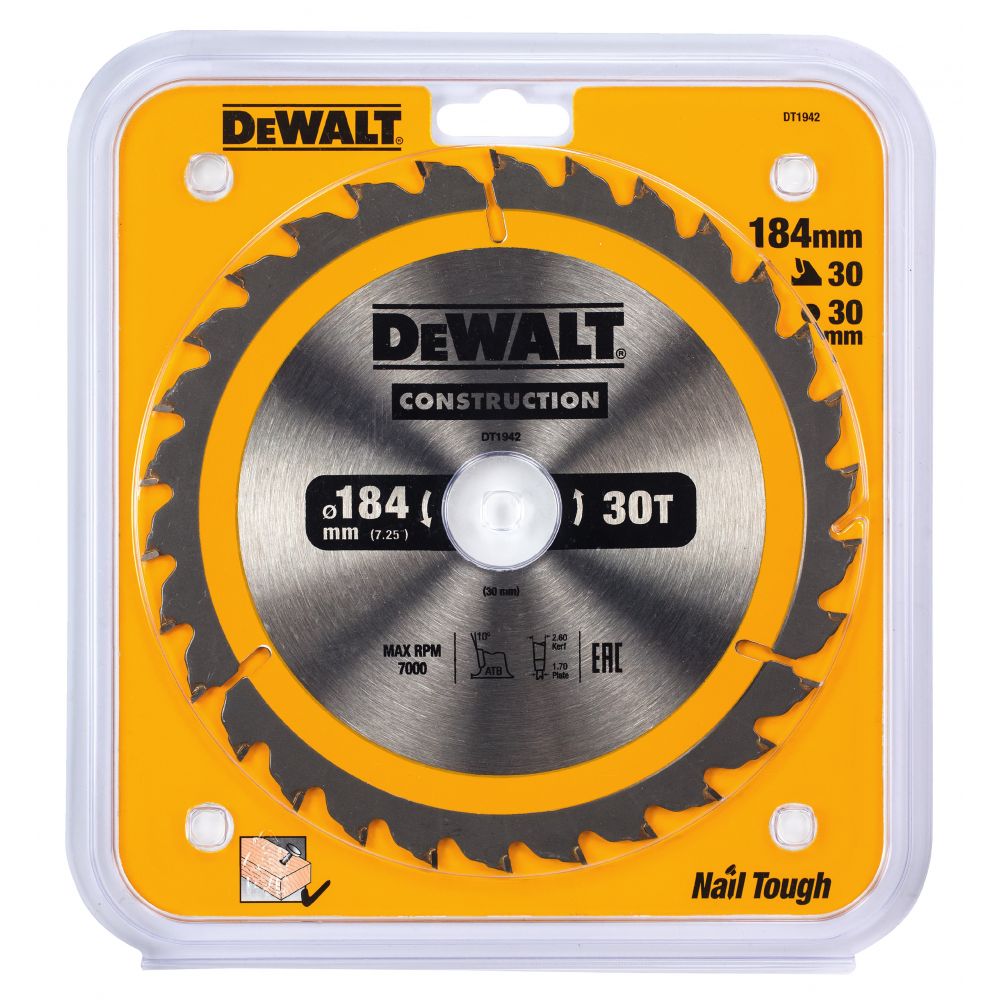 Диск пильный DeWalt твердосплавный 184х30 мм, 30 зубьев констракшн/CONSTRUCTION DT1942