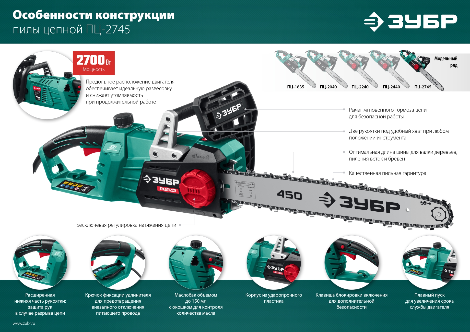 ЗУБР 2700 Вт, 45 см шина (Тип 4), электрическая цепная пила (ПЦ-2745)
