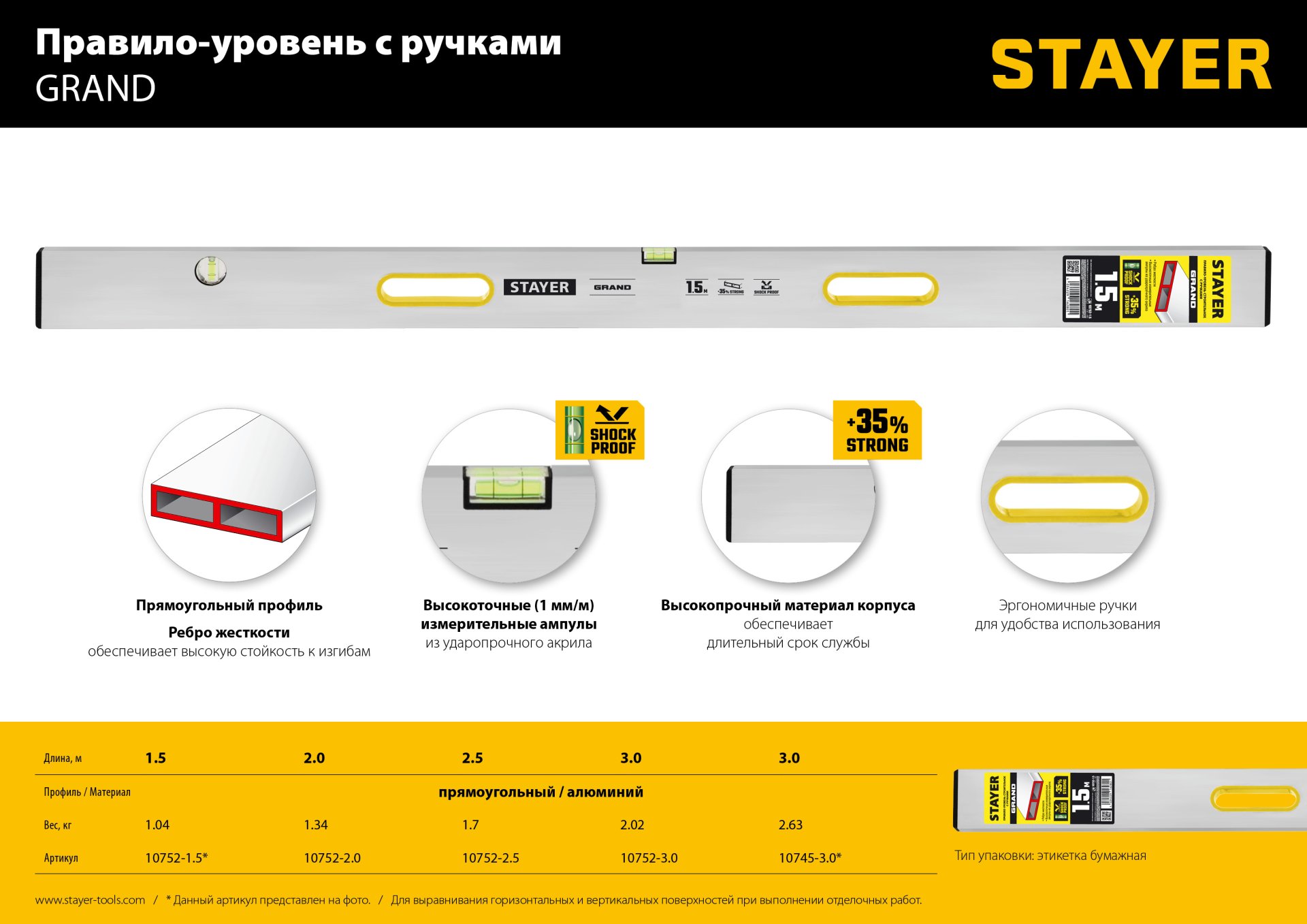 STAYER GRAND 2.5 м, точность 1 мм/м, 2 глазка, Правило с уровнем и ручками, (10752-2.5)