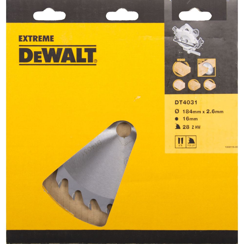 Диск пильный DeWalt твердосплавный 184х16 мм, 28 зубьев экстрим воркшоп/EXTREME WORKSHOP DT4031