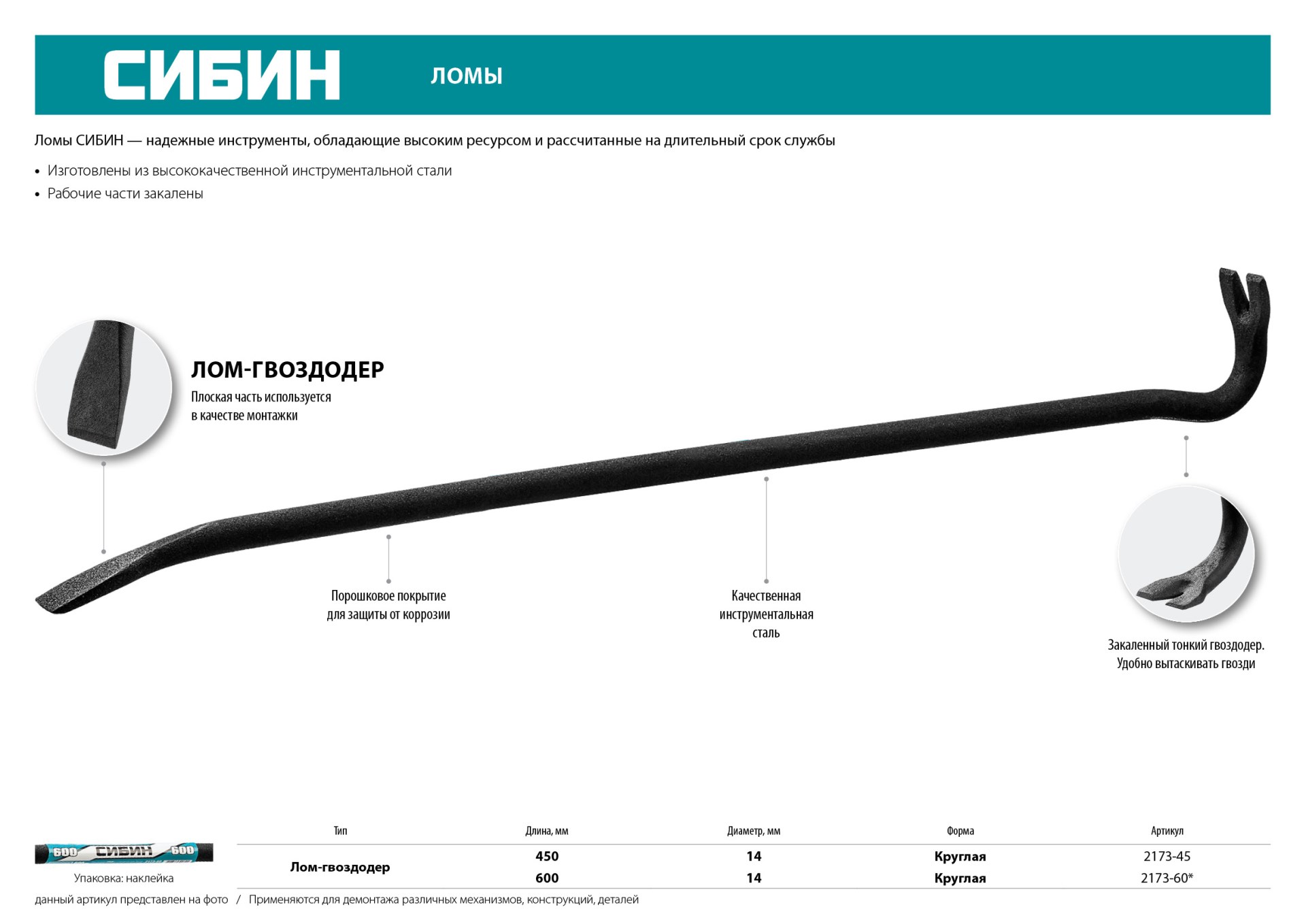 СИБИН 600 мм, 14 мм, лом-гвоздодер (2173-60)
