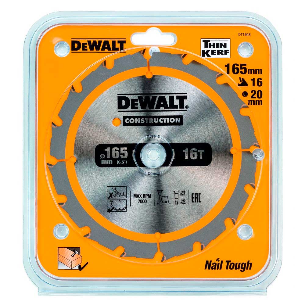 Диск пильный DeWalt твердосплавный 165x20 мм, 16 зубьев констракт/CONSTRUCT DT1948