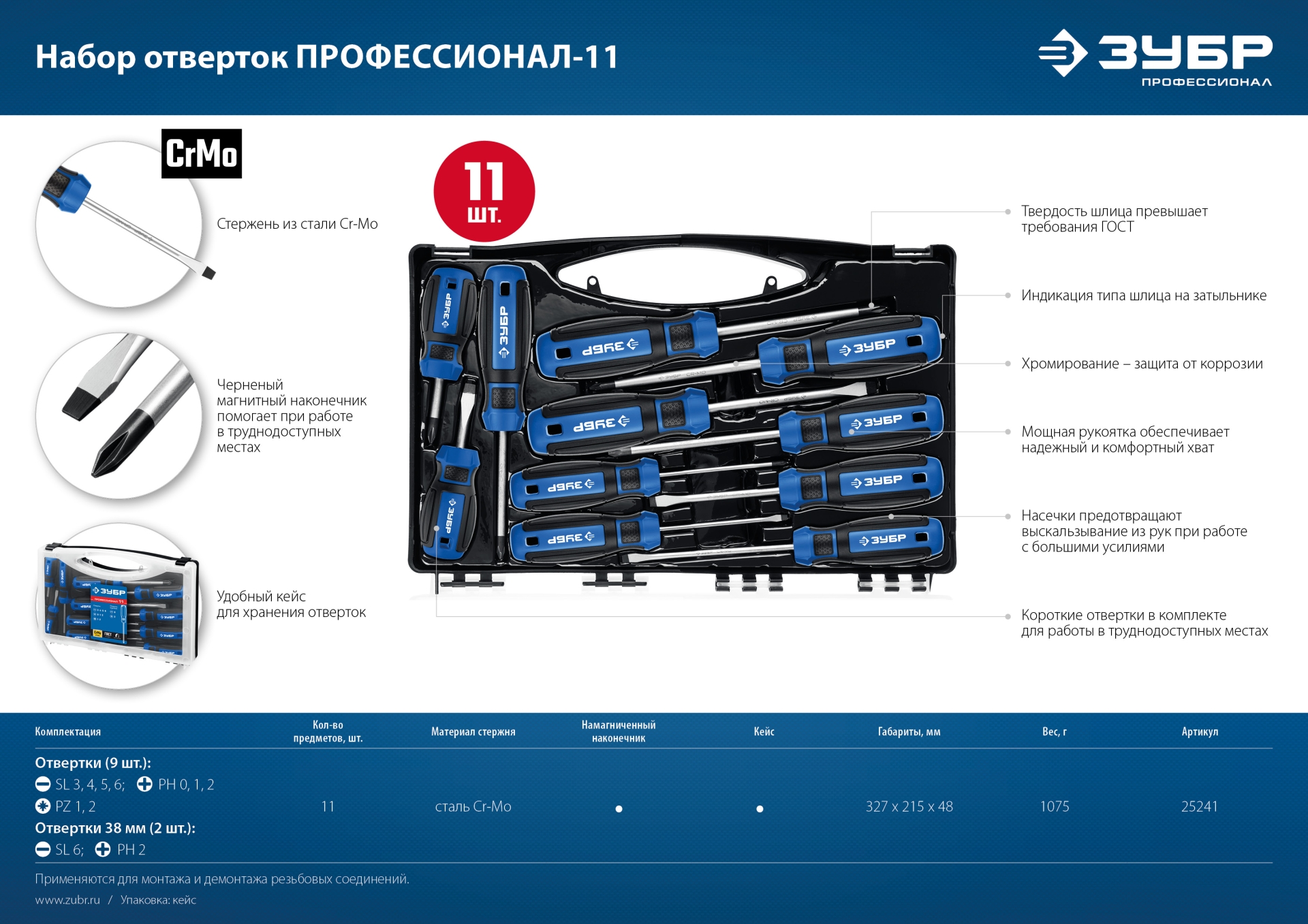 ЗУБР 11 предм., набор отверток, Профессионал (25241)