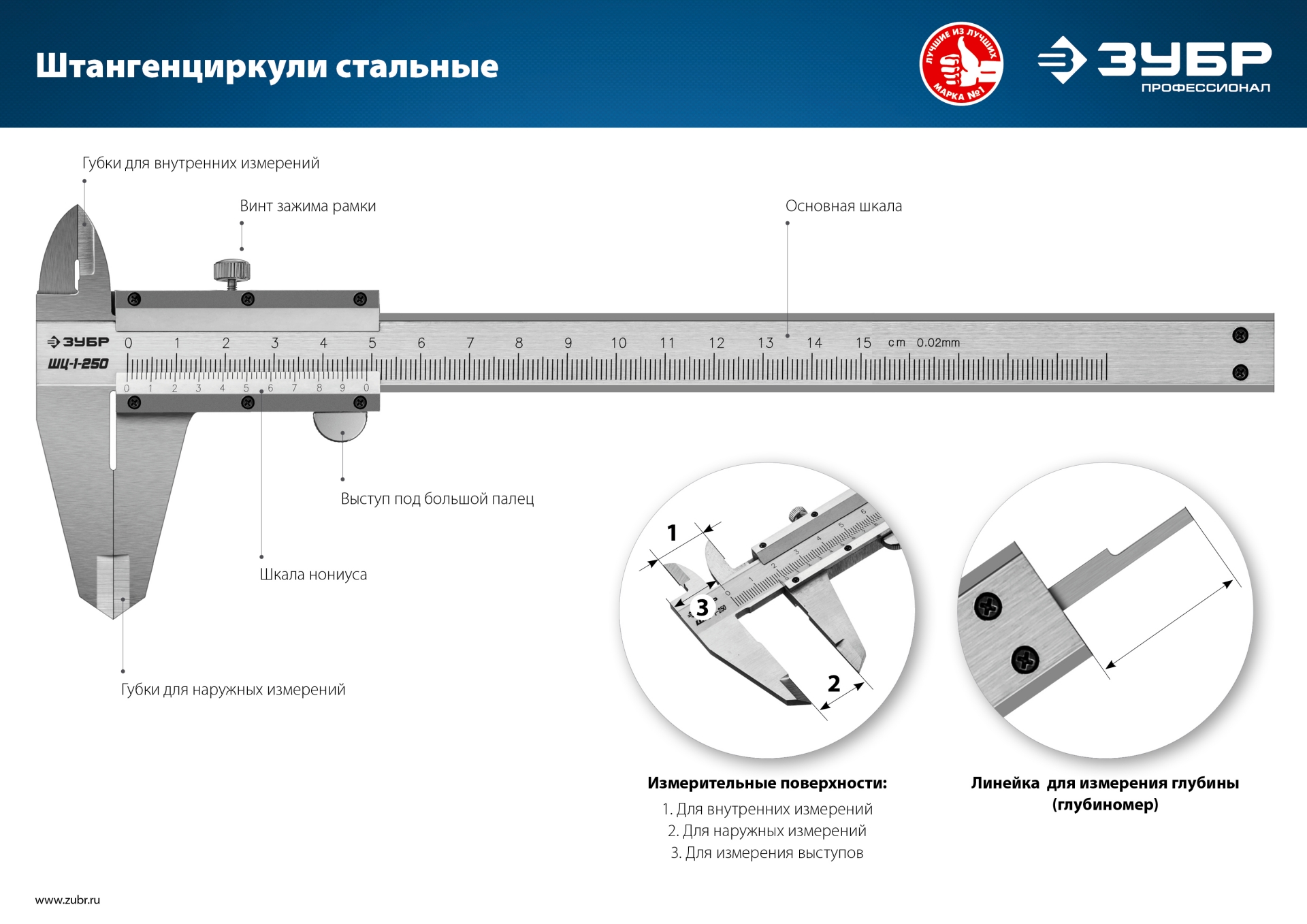 ЗУБР ШЦ-1-250, 250 мм, стальной штангенциркуль, Профессионал (34514-250)
