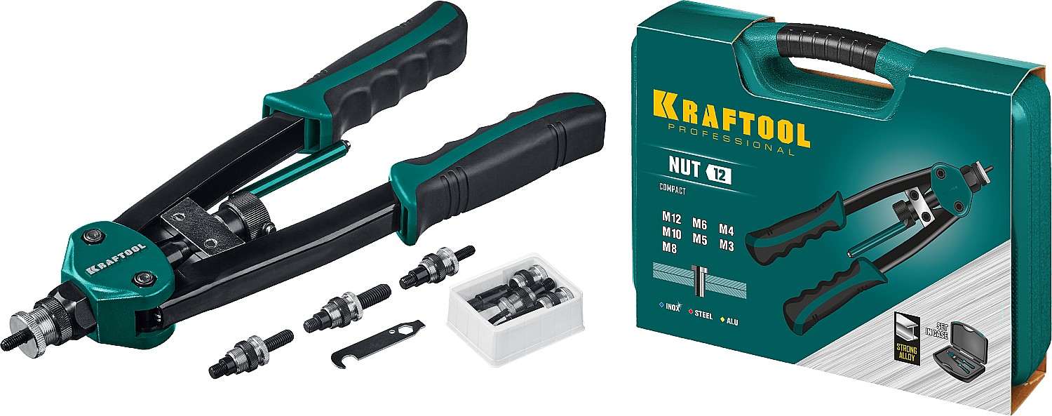 KRAFTOOL NUT-12, М3 - М12, 380 мм, резьбовой двуручный заклепочник в кейсе (31183)