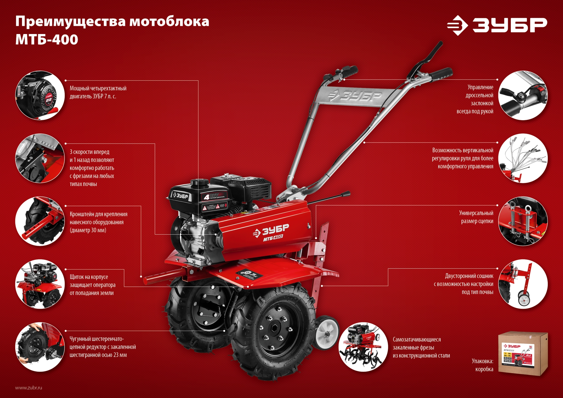 ЗУБР 7 л.с., мотоблок с понижающей передачей (МТБ-400)
