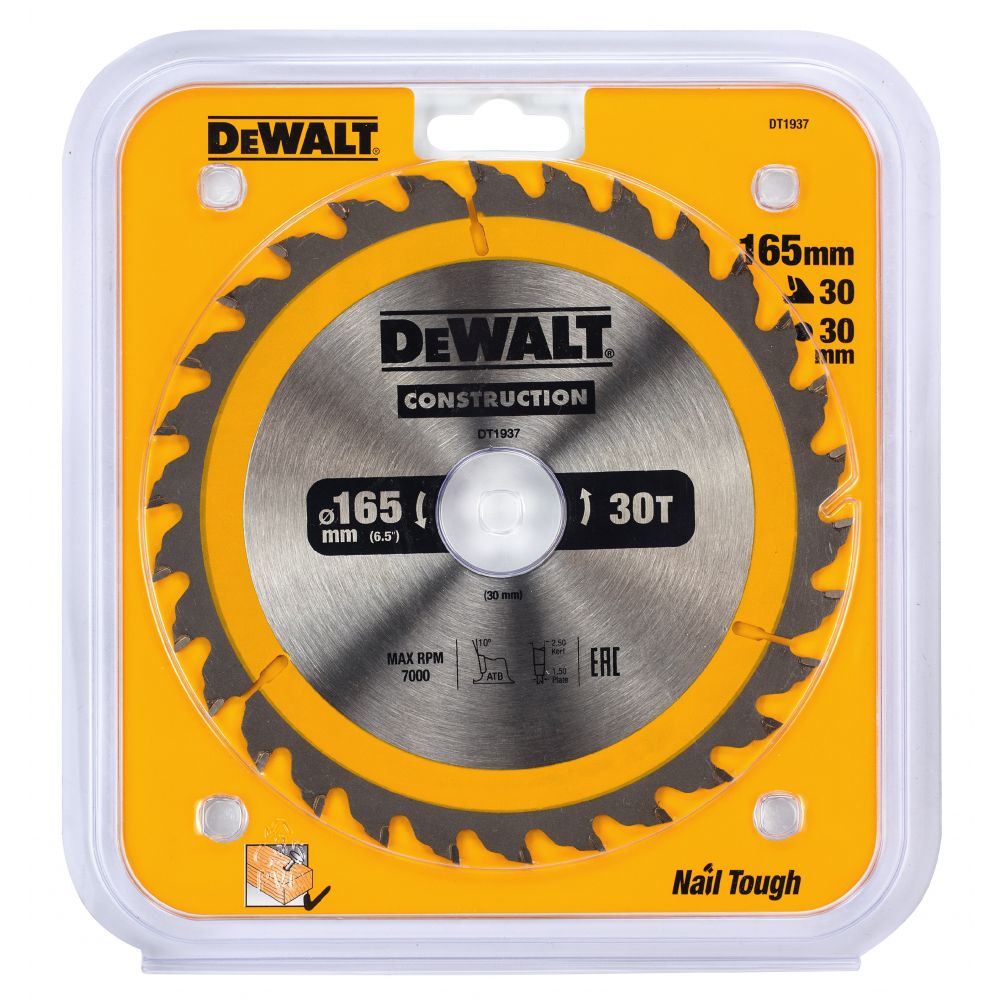 Диск пильный DeWalt твердосплавный 165х30 мм, 30 зубьев констракт/CONSTRUCT DT1937