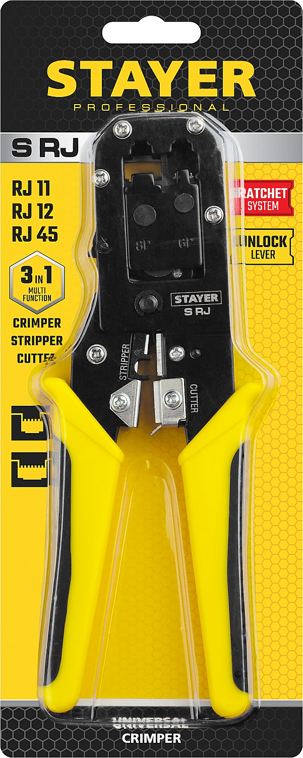 STAYER S-RJ, (RJ45, RJ11, RJ12), храповый механизм, универсальный кримпер (22652)